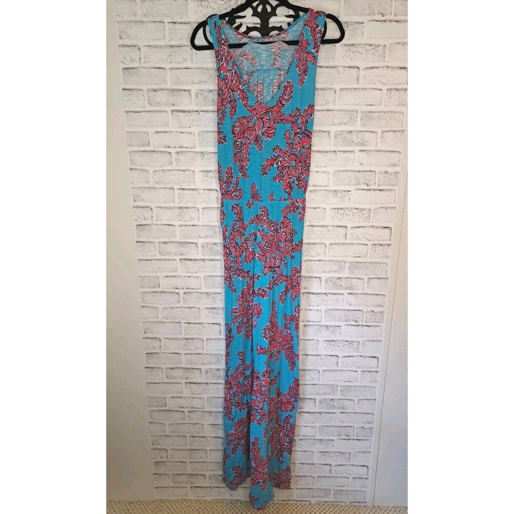 Lilly Pulitzer Island Reef Maxi Dress Womens Sz L VGUC Blue Pink 100% Cotton